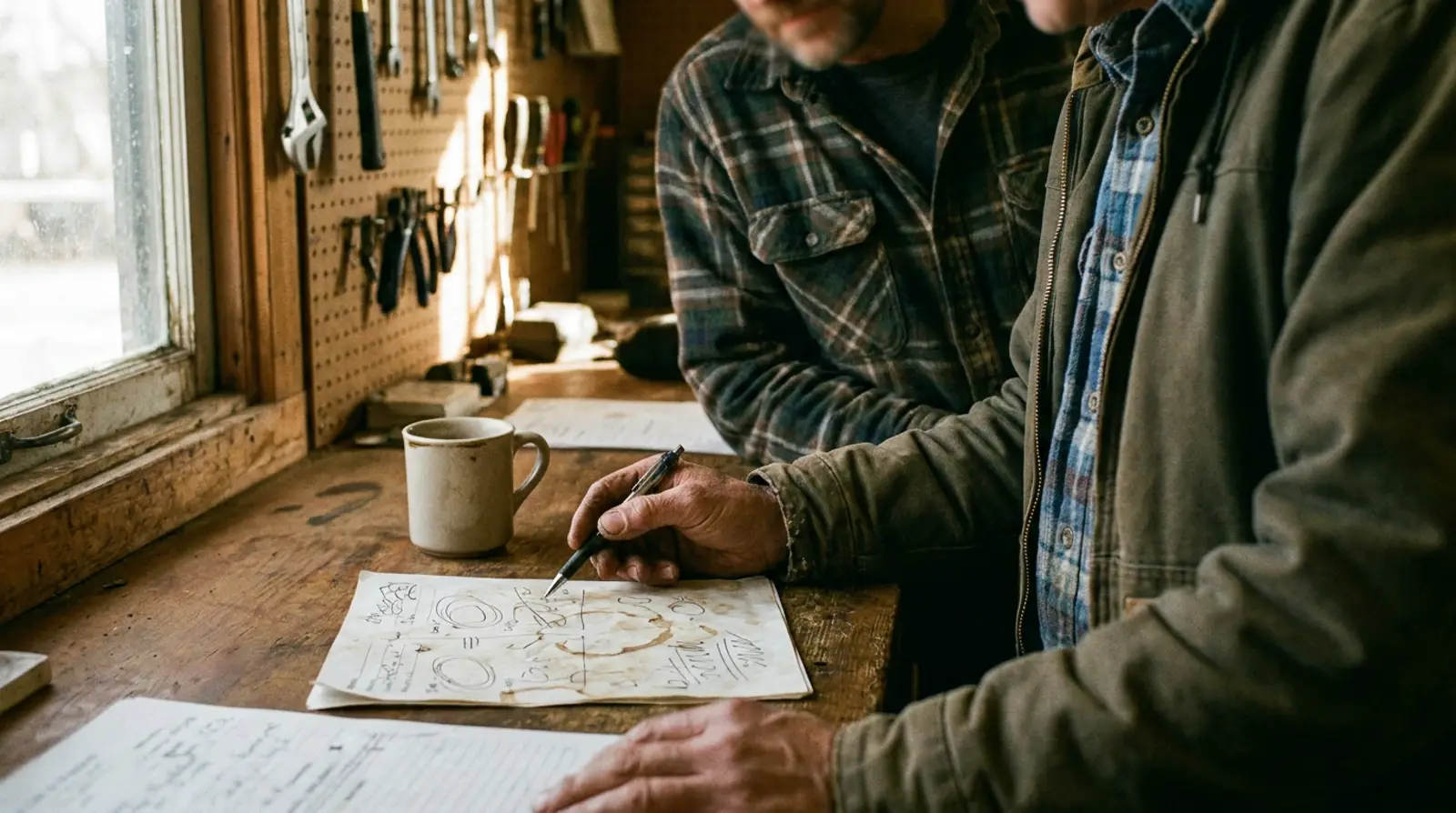 Two people at a workshop counter going through a marked-up research worksheet, one pointing at a line with a pen