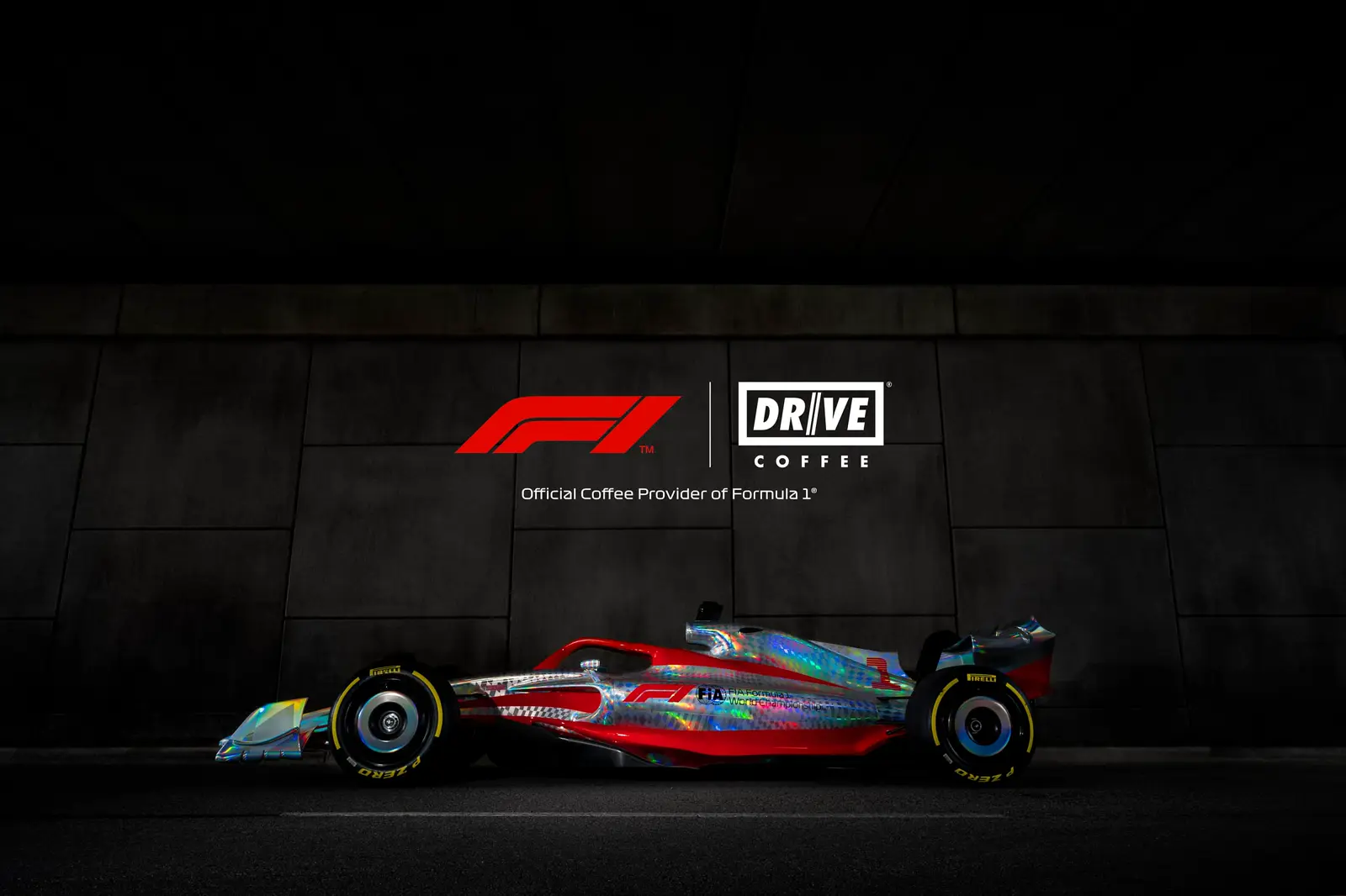 Drive Coffee and Formula 1 co-branded show car photographed in a dark studio