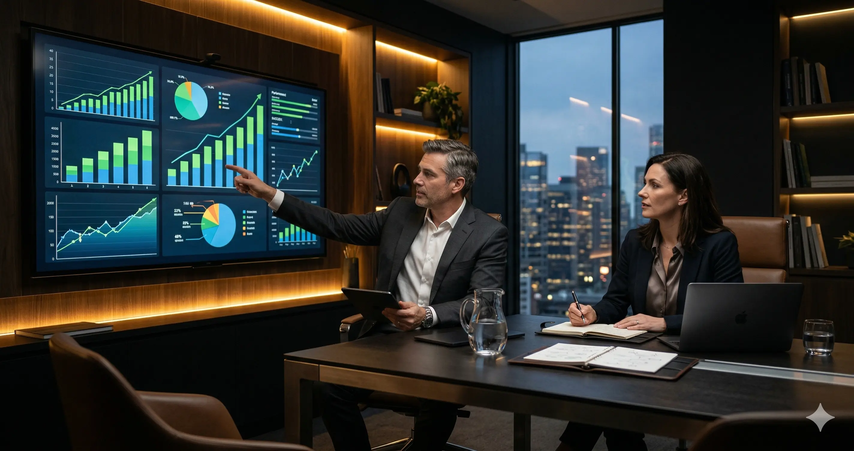 Business strategy consulting session with marketing analytics on screen