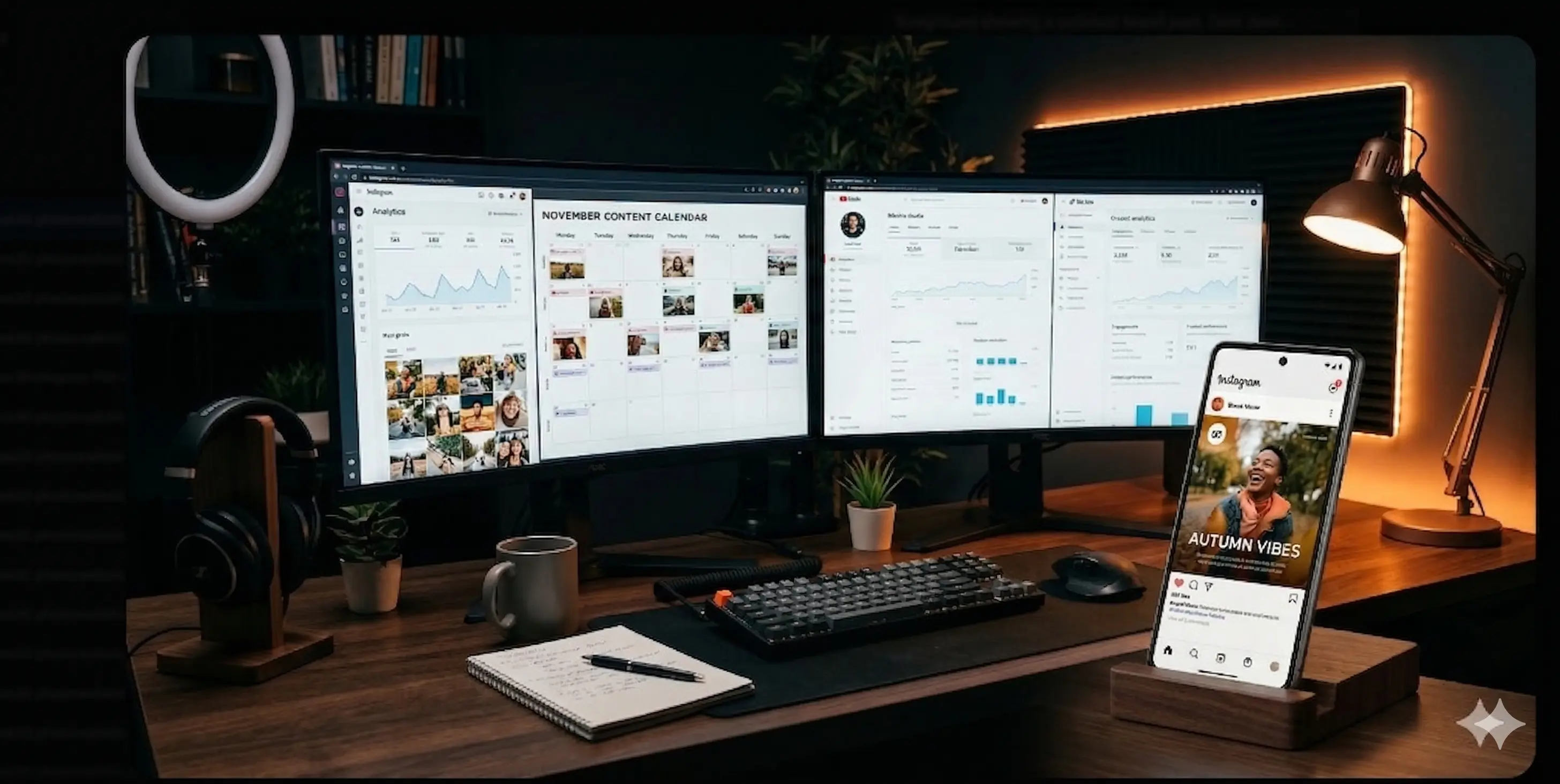 Social media management workspace with analytics dashboards and content calendars