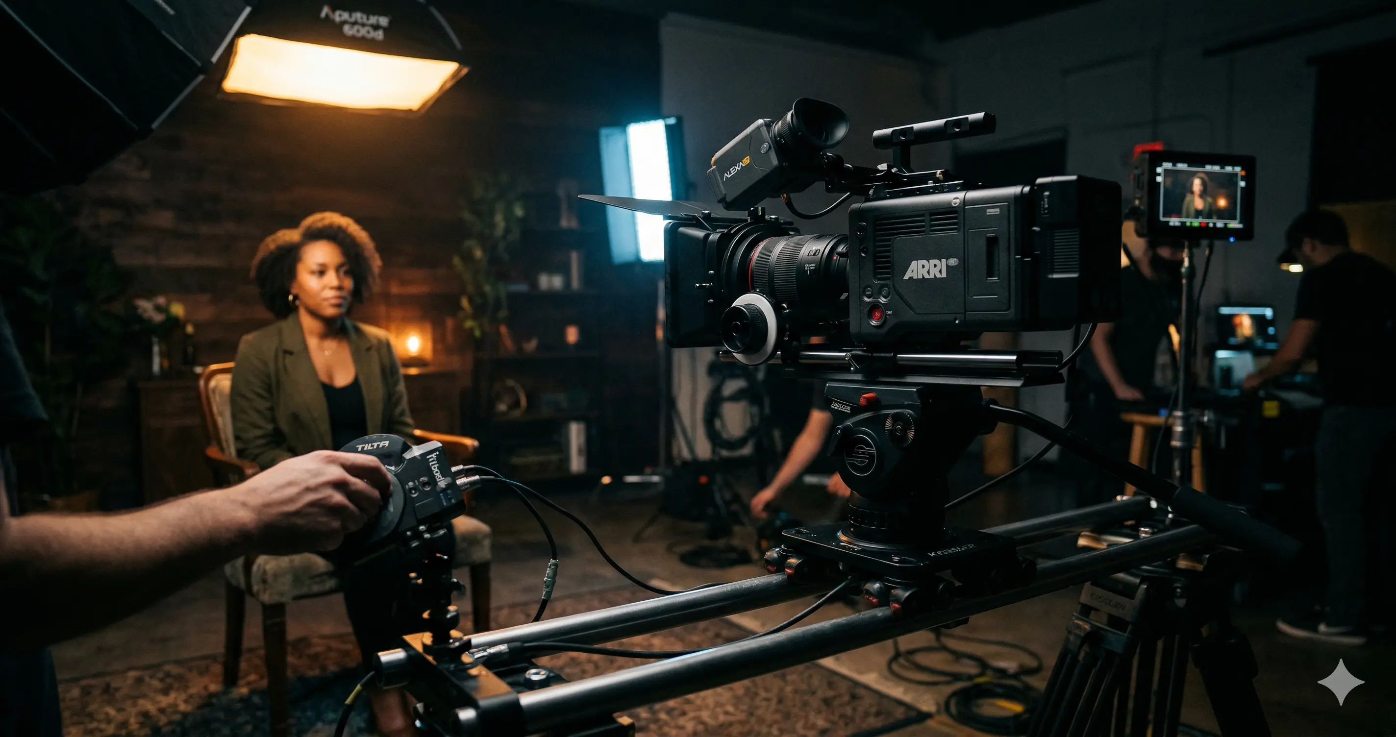 Professional cinema camera on a dolly filming in a studio with dramatic lighting