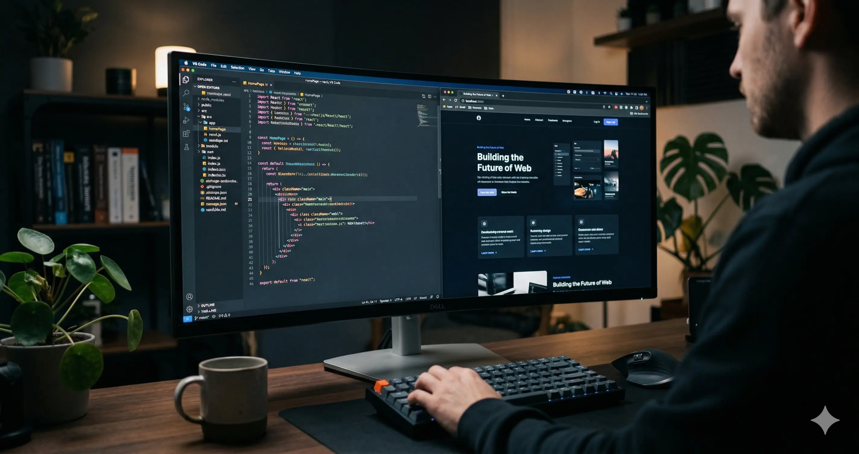 Modern website development workspace with code editor and website preview