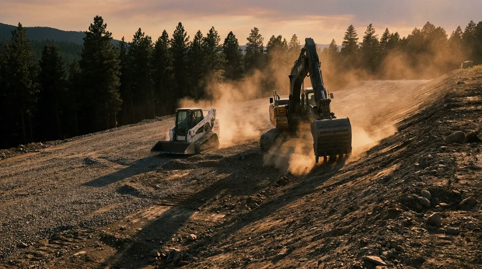 Excavator and skid steer grading a gravel slope at golden hour, dust hanging in the light