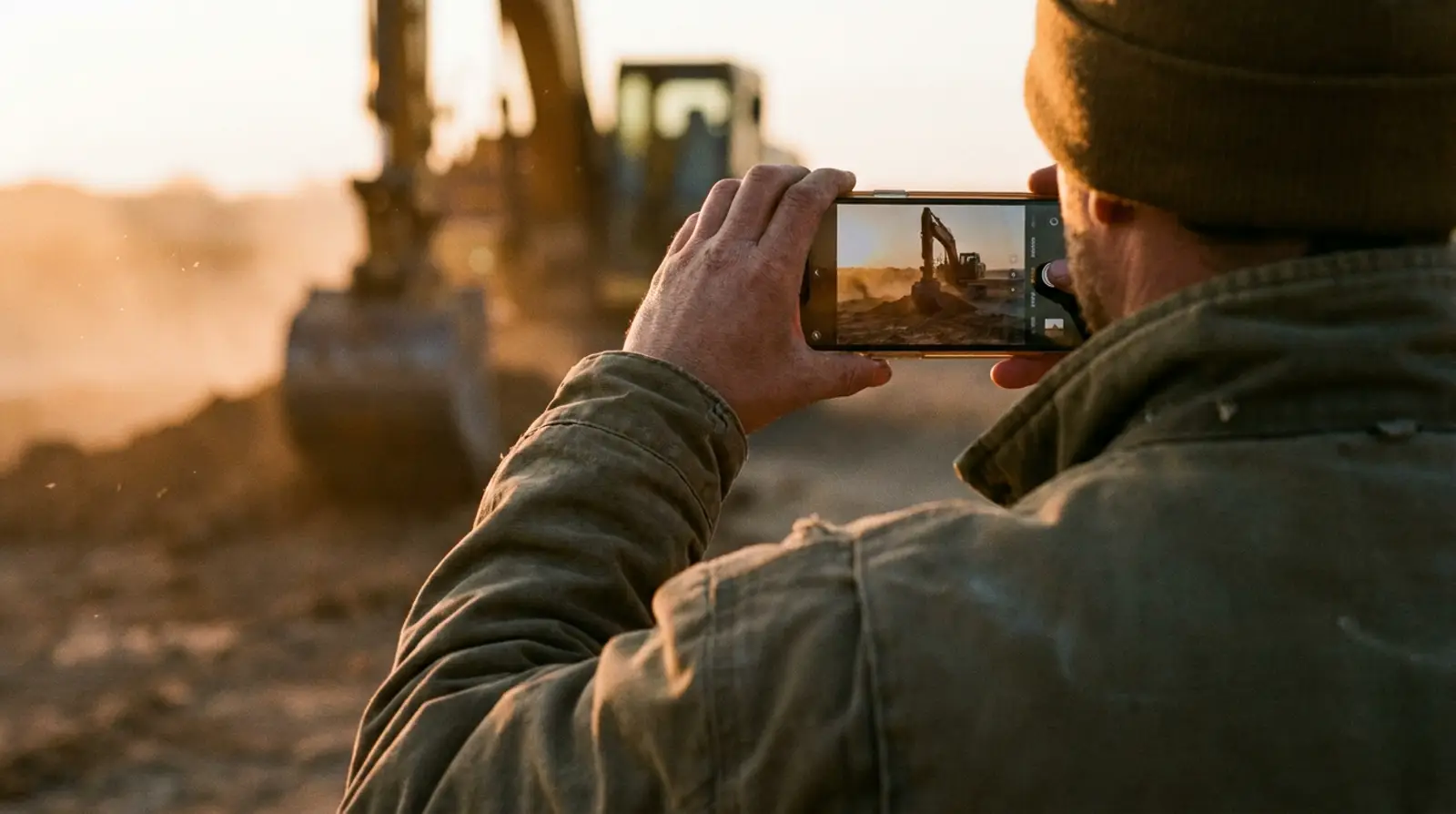 Filming an excavator on a job site with a phone at golden hour