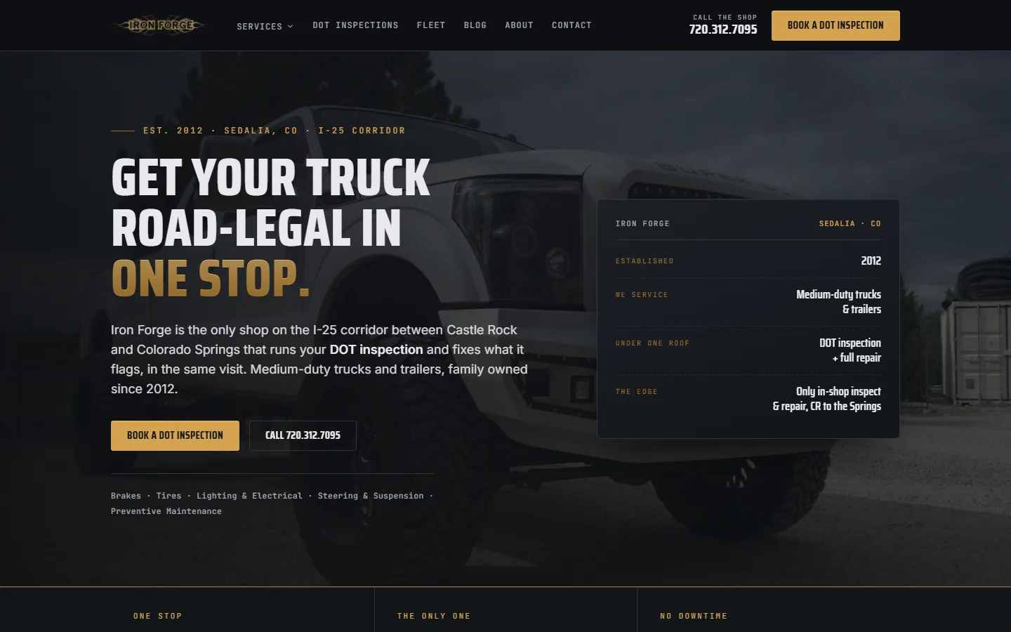 Homepage of the Iron Forge website built by DIGG Productions — dark design with the headline 'Get your truck road-legal in one stop'